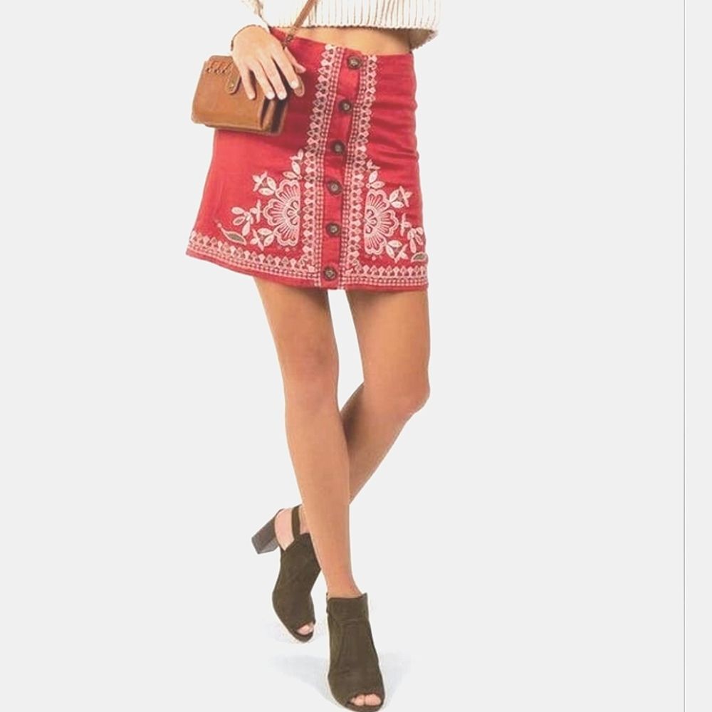 Francescas Denna Mini Skirt Women Small Floral Embroidery Rayon Linen Fairycore